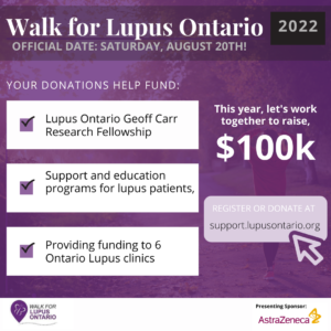 This year, our goal is to raise $100k! These donations help fund the Lupus Ontario Geoff Carr Research Fellowship, 6 different Lupus clinics in Ontario, and general support and education for lupus patients and their families.  Help us reach this goal and help those with lupus by registering or donating to the walk. Learn more at www.support.lupusontario.org #Walk4LupusOntario